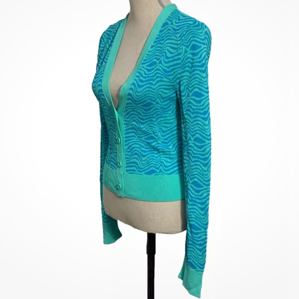 New Zara Blue Turquoise Waves Jacquard Zebra Print Knit Cropped Cardigan - Picture 12 of 13